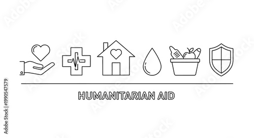 Humanitarian Aid Concept Banner with Linear Icons for Charity and Support.