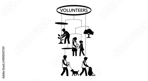 Vector illustration of diverse volunteer activities including planting trees and animal care.