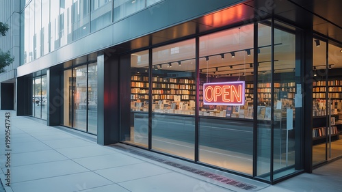 Modern glass storefront with open neon sign in urban street retail shop exterior