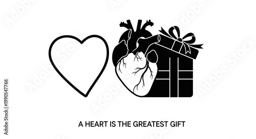 A heart is the greatest gift illustration with anatomical heart and gift box.
