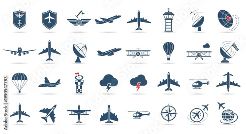 Collection of aviation and transport related icons and symbols.