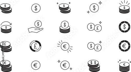 Currency Coin Icon Set with Dollar Euro and Pound Sterling Symbols