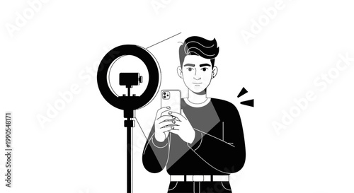 Young Man Filming Himself with a Ring Light and Smartphone.