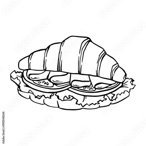 Croissant with ham and vegetables line art, sandwich vector isolated on white