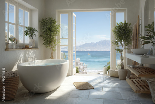 Bright airy bathroom with freestanding bathtub, large windows, and open doors revealing calm coastal view with blue sea, distant mountains, and small boat sailing peacefully