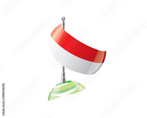 Highly detailed of waving Indonesian flag with metallic pole and subtle shadow effects for print