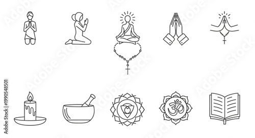 Collection of Religious Symbols and Icons Line Art.