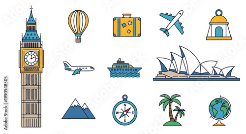 Collection of Travel Icons and Landmarks.