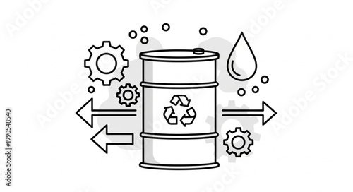 Recycling barrel with gears and oil drop illustration.