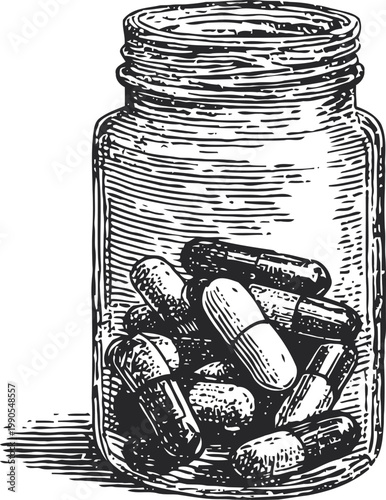 Glass jar filled with medicine capsules hand drawn vintage illustration of pharmaceutical drug container