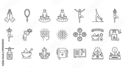 Collection of spiritual and cultural icons hand-drawn style.