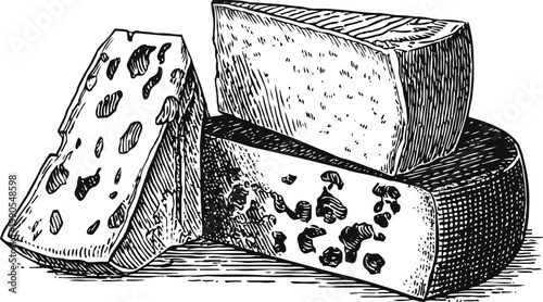 Detailed black and white illustration of assorted cheese pieces with textures and patterns