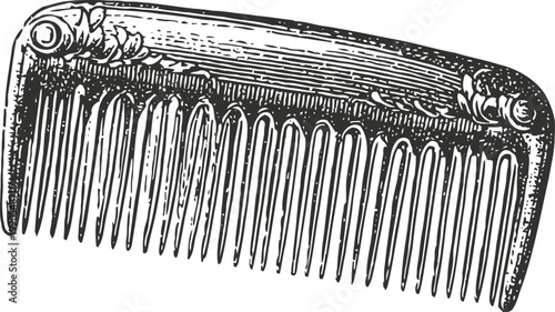 Vintage wooden hair comb with ornate floral carvings, grooming accessory illustration