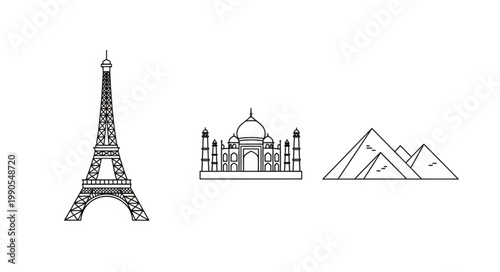 Famous Landmarks Collection Eiffel Tower Taj Mahal Pyramids Line Art.