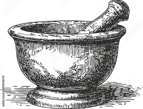 Vintage mortar and pestle illustration engraved for grinding spices and herbs in cooking and pharmacy