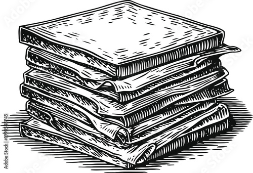 Stack of toasted sandwich slices with layered fillings in vintage engraving