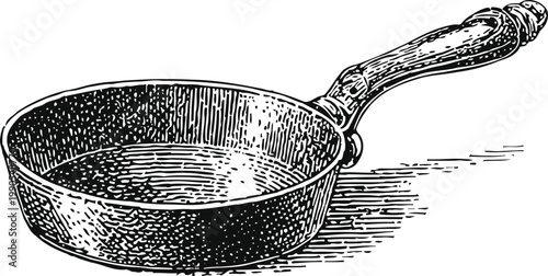 Vintage cast iron frying pan with wooden handle, detailed hand drawn illustration