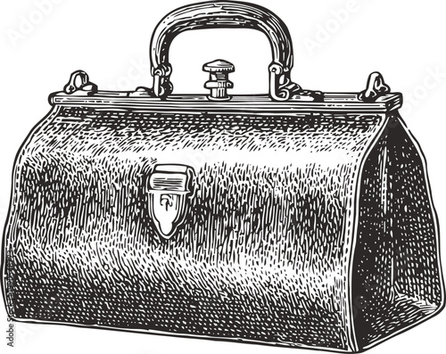 Vintage leather doctor bag with handle and clasp closure, detailed black and white engraving