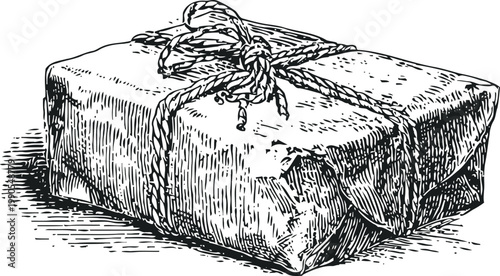 Vintage wrapped parcel tied with rope, old fashioned paper package illustration