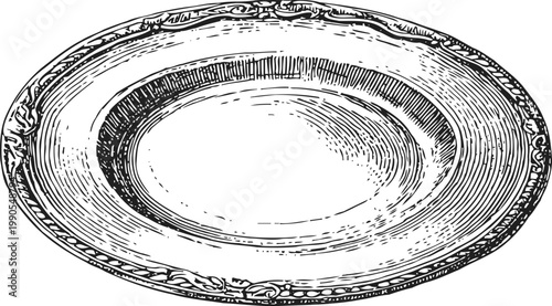 Vintage decorative oval plate with intricate ornamental border design engraving illustration