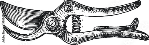 Vintage hand drawn garden pruner illustration detailed pruning shear with curved blade and spring mechanism