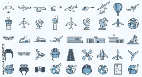 Collection of Aviation Icons and Symbols Representing Air Travel.