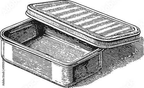 Vintage metal container with detached lid hand drawn rectangular tin box with textured lid, engraving illustration