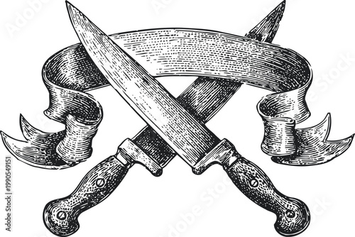 Crossed swords with ribbon banner vintage medieval weapons illustration, engraving drawing