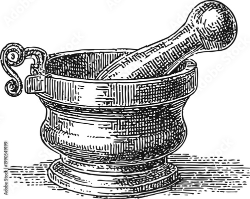 Hand drawn mortar and pestle vintage illustration for grinding herbs and spices