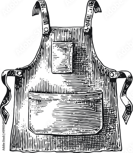 Vintage apron sketch with front pockets and adjustable shoulder straps in black and white engraving
