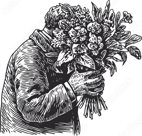 Man holding and smelling a large bouquet of flowers in vintage woodcut illustration
