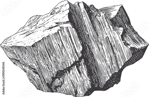 Hand drawn detailed illustration of a large rough rock with textured uneven surfaces