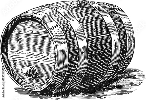 Vintage wooden barrel illustration old fashioned oak cask for storing liquids, beer, wine, or whiskey