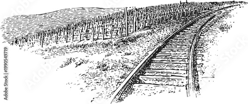 Curved railroad track passing through countryside vineyard with wooden sleepers and posts