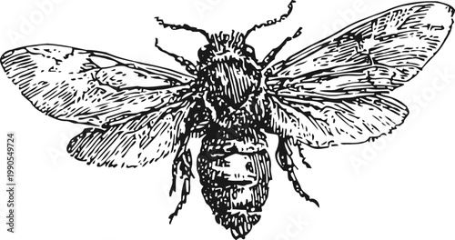 Detailed hand drawn bee with open wings, vintage insect illustration, entomology sketch line art