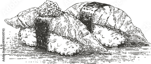 Hand drawn sushi nigiri with fish topping and seaweed wrap, traditional japanese cuisine illustration