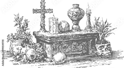 Halloween altar with candles, skulls, cross, and spooky decorations for dia de los muertos celebration