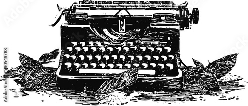 Vintage typewriter surrounded by leaves and foliage retro office equipment with natural elements artistic black and white illustration