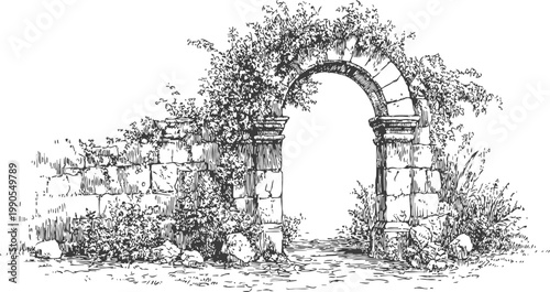 Ancient stone archway with ivy and foliage overgrown on weathered brick wall entrance