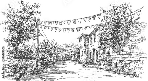 quiet village street with stone houses, trees, and festive pennant flags in rustic countryside