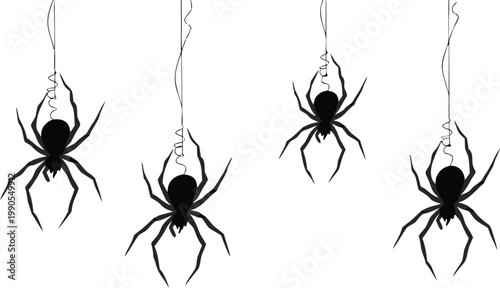 Black spider vector illustration set featuring creepy arachnid silhouettes and tarantula tattoo designs for Halloween horror art and nature danger symbols