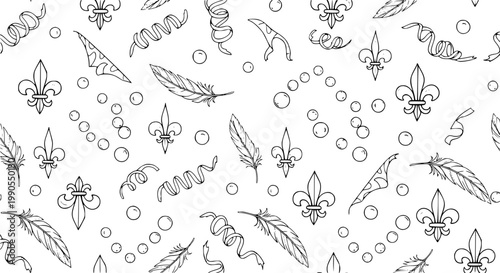 Black and White Mardi Gras Seamless Pattern with Carnival Ribbons Beads Feathers and Fleur de Lis