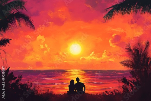 Romantic tropical sunset with silhouetted couple on beach