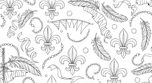 Seamless Mardi Gras Carnival Pattern with Fleur de Lis Feathers Beads and Ribbons Black and White Vector