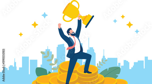 Foto Happy Successful male entrepreneur character cheering with winner prize trophy a