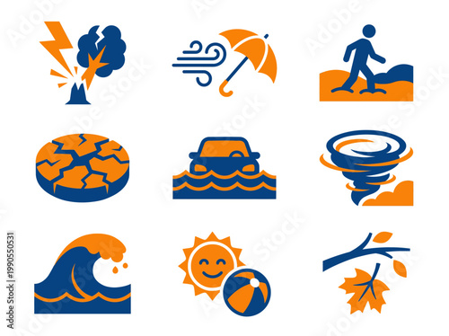 Flat design icon set of natural disasters and weather impacts including lightning striking tree, storm with umbrella, person in snow, drought, car flood, tornado, tsunami wave, summer beach, and autum