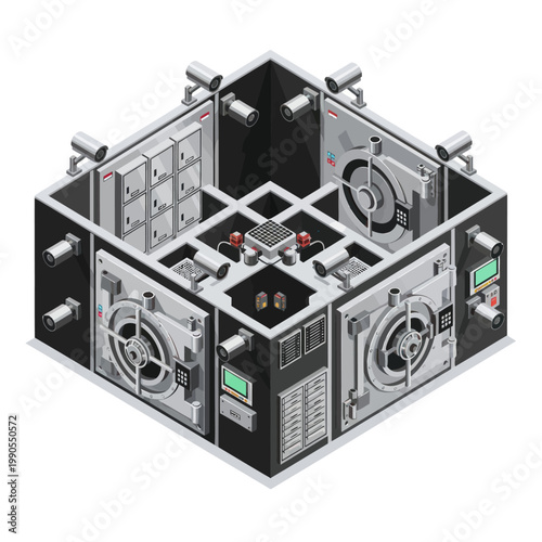 Isometric View of a Futuristic Vault Room with Security Features.