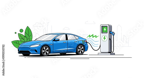 Electric car charging at station.