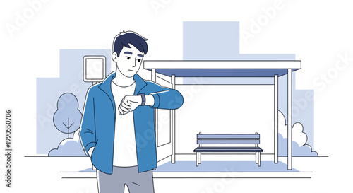 Young man checking wristwatch time.