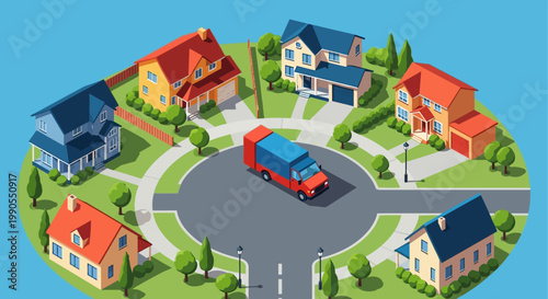 Red mail truck on suburban street.